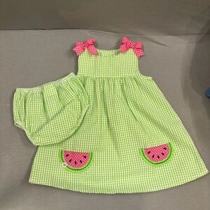 Rare Editions Green and Pink Gingham Watermelon Dress And Bloomers Set 18 Months